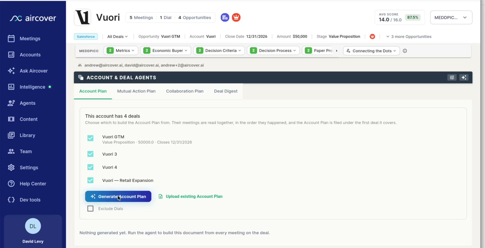 Aircover account view showing the Account & Deal Agents panel, where an Account Plan is built from the account's deals and meetings