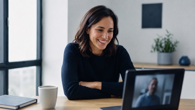 A sales rep on a video call at a desk by a window, relaxed and not taking notes