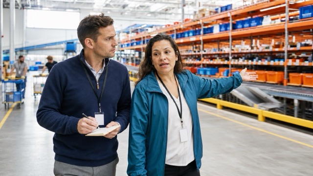 A sales rep walks and listens as an operations director explains her fulfillment center floor during a discovery visit