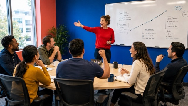 A sales coach fires up a room of reps in a colorful team space, with team goals, focus areas, and a rising pipeline line on the whiteboard behind her
