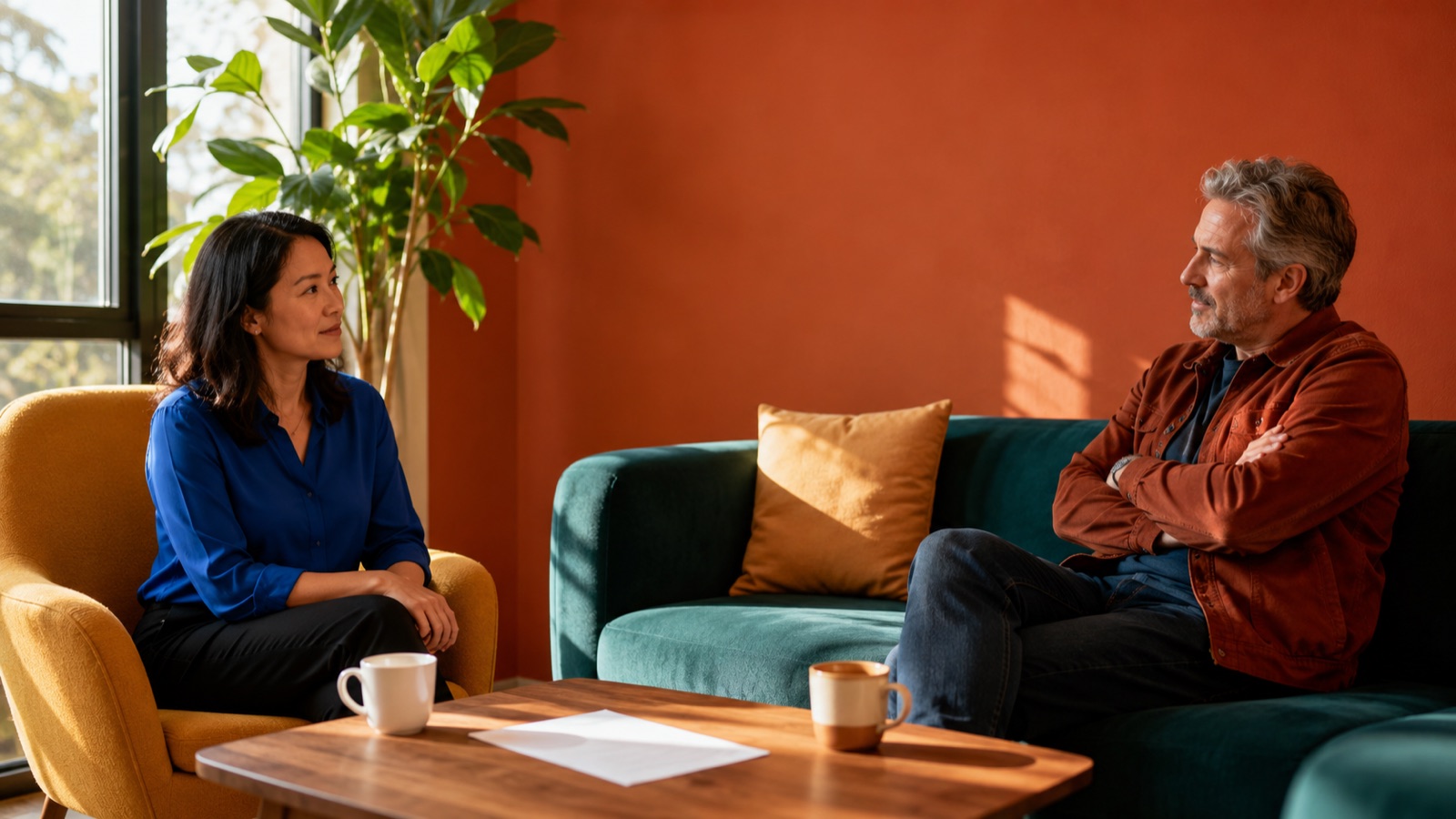 A sales rep pauses before responding to a buyer across a low table in a bright, colorful office lounge