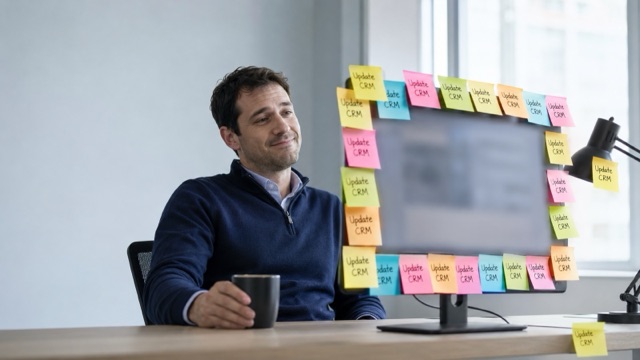 A sales rep looks wearily at his monitor, its edges covered in colorful sticky notes that all read Update CRM