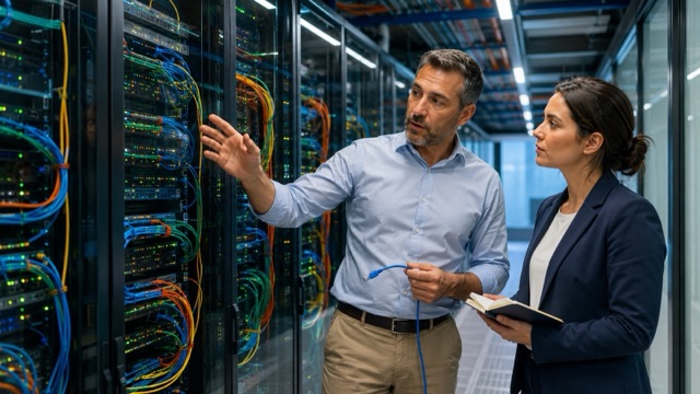 A sales engineer explains something technical to a sales rep in front of a glass-walled server room full of colorful cables and indicator lights