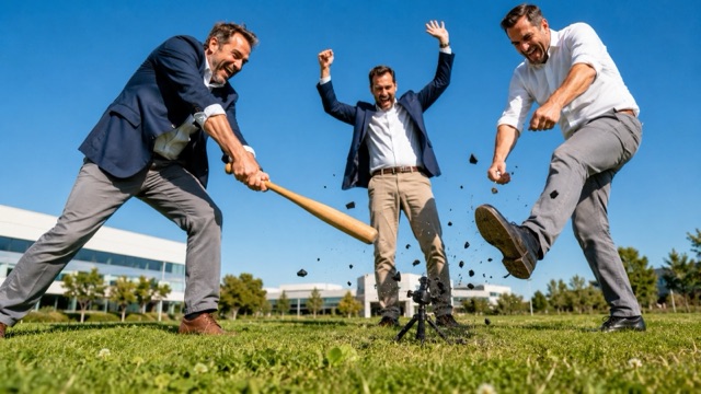 Three sales colleagues gleefully smash a webcam with a baseball bat in a sunny grass lot behind an office park