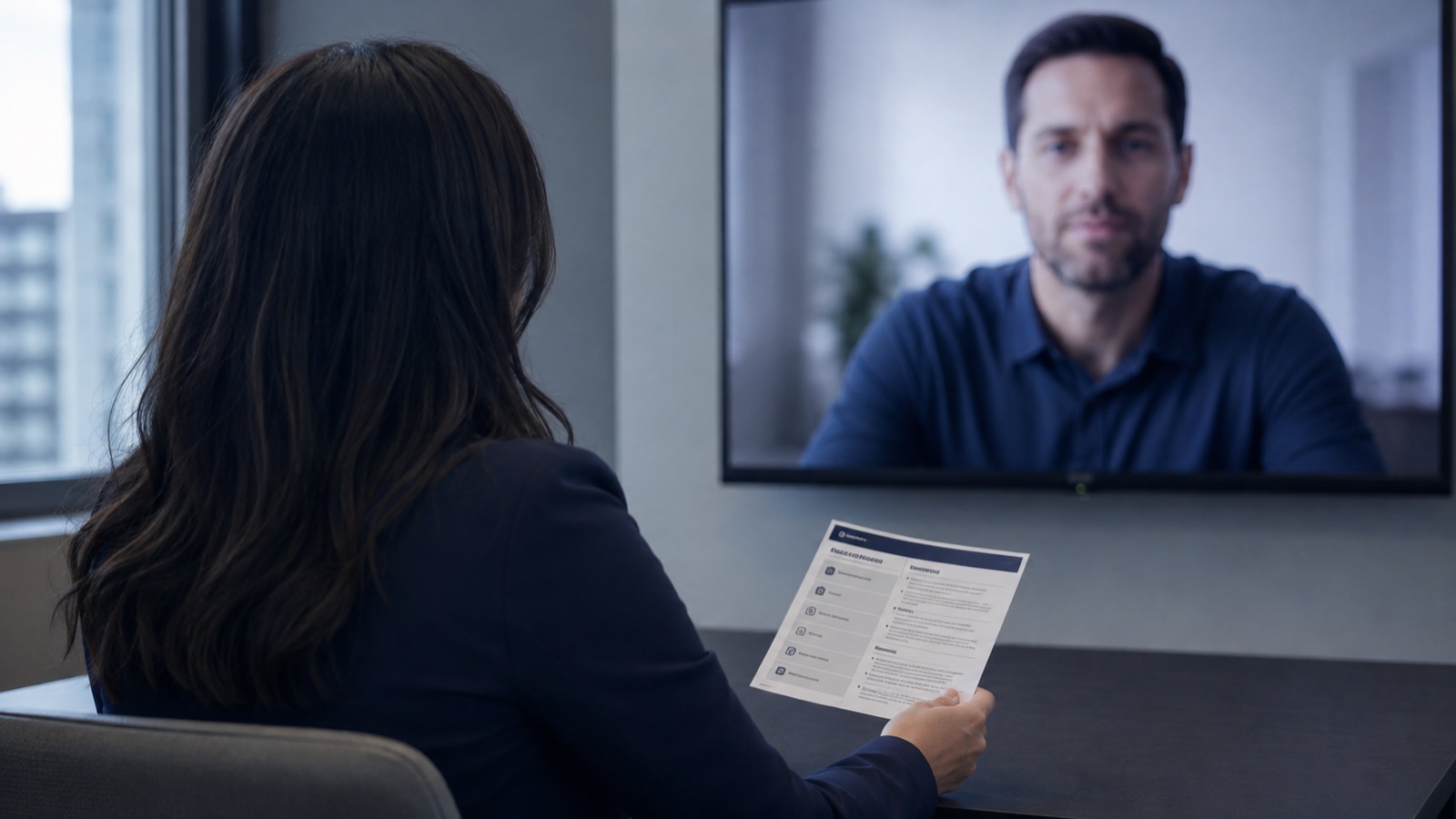 Over-the-shoulder view of a rep on a video call holding a single printed reference card