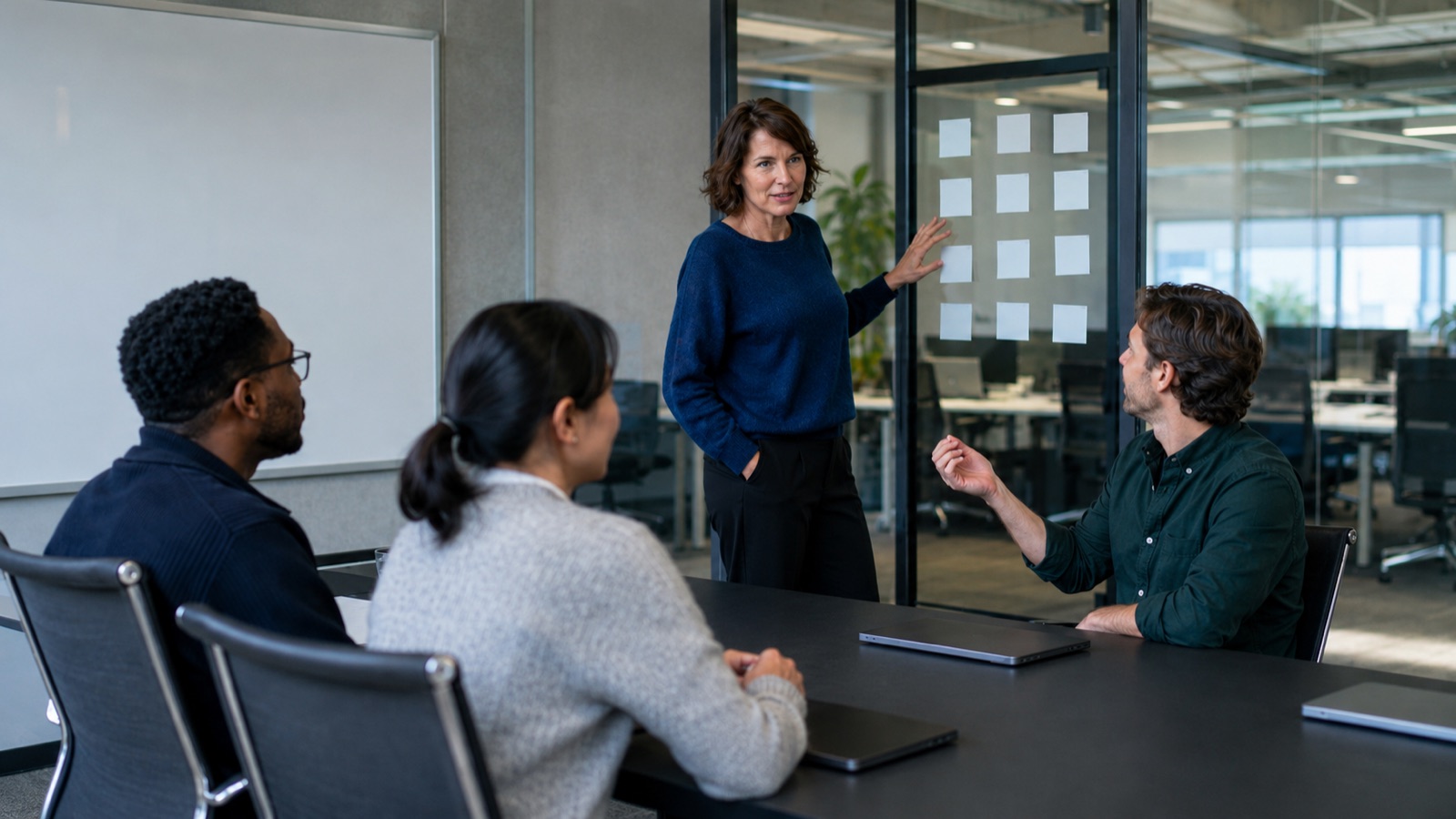 A sales manager stands at a glass wall of sticky notes while three reps review the pipeline