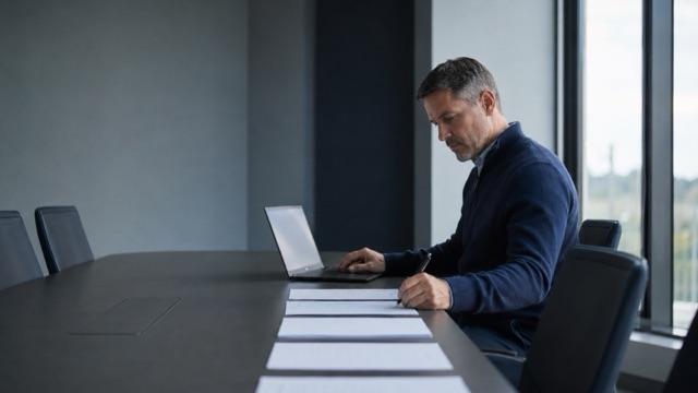 A sales manager alone in a conference room reads through printed call notes laid out in a row
