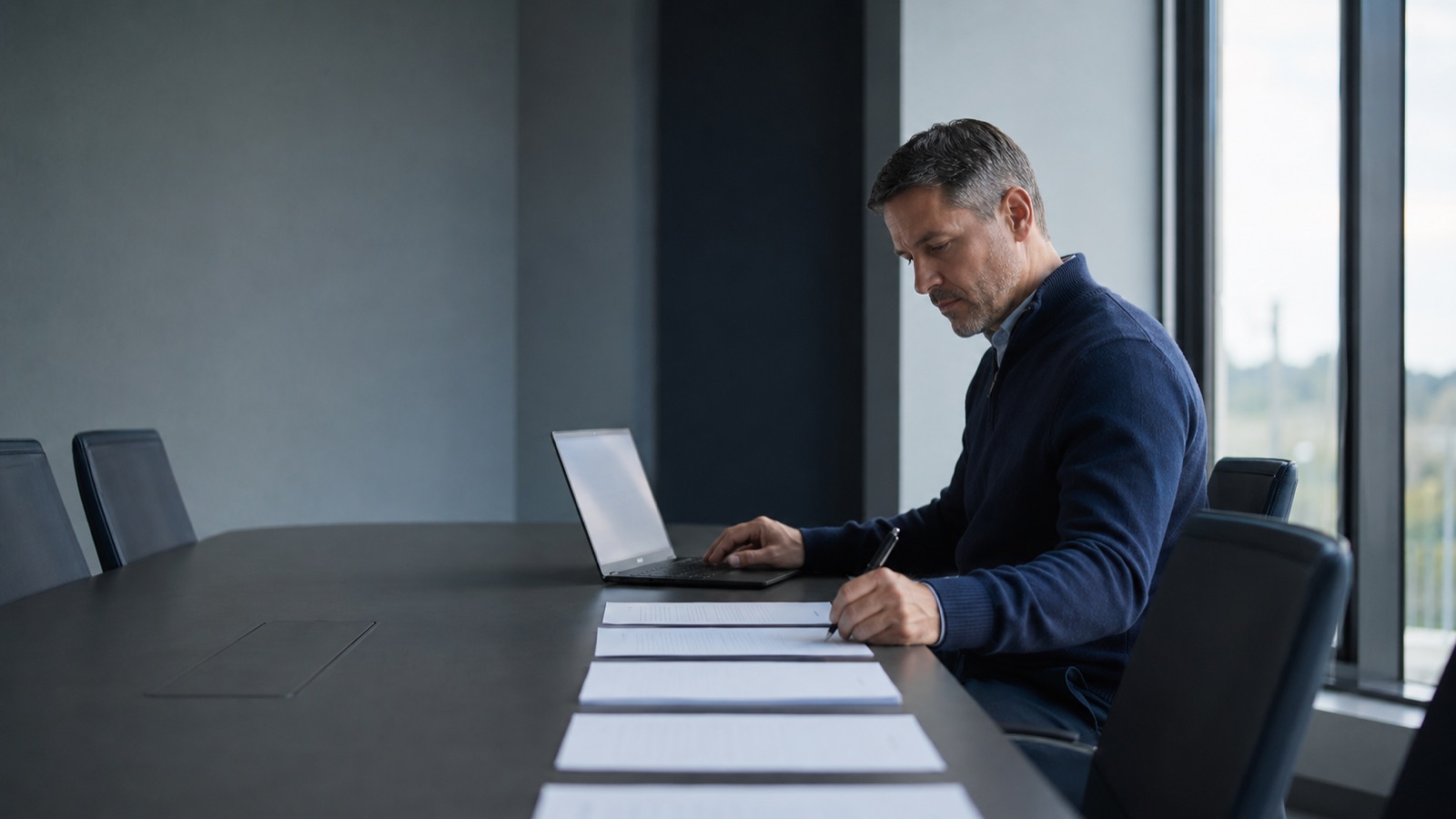 A sales manager alone in a conference room reads through printed call notes laid out in a row